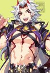  1boy abs arataki_itto azuma_(azuma10270724) belt black_nails bodypaint clenched_hand ear_piercing facepaint fangs genshin_impact green_background hand_on_hip highres horns long_hair looking_at_viewer male_focus multicolored_hair muscular muscular_male nail_polish open_mouth pectoral_cleavage pectorals piercing red_eyes red_hair simple_background solo sparkle spikes thick_eyebrows twitter_username underpec upper_body vision_(genshin_impact) watermark white_hair 