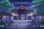  architecture chinese_commentary chinese_text commentary_request east_asian_architecture fireflies grass highres lantern leaf light moonslanstudio night night_sky no_humans original plant scenery sign sky stairs star_(sky) stone_stairs swing tree 