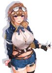  1girl absurdres aviator_sunglasses belt black_gloves blue_jacket blue_shorts breasts brown_belt brown_hair eyewear_on_head girls&#039;_frontline gloves grizzly_mkv_(girls&#039;_frontline) highres jacket key keyring large_breasts long_sleeves muteppona_hito open_clothes open_jacket partially_fingerless_gloves purple_eyes shirt short_hair short_shorts shorts solo sunglasses white_shirt 