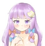  1girl arnest bangs bare_shoulders blue_bow blunt_bangs blush bow breasts cleavage collarbone crescent crescent_hair_ornament eyebrows_visible_through_hair hair_bow hair_ornament hand_on_own_chest large_breasts long_hair looking_at_viewer multi-tied_hair patchouli_knowledge pout purple_eyes purple_hair red_bow sidelocks touhou upper_body white_background 