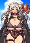  1girl absurdres alternate_breast_size alternate_costume bikini blush_stickers breasts cleavage cloud cloudy_sky coat coffeelove68 day duplicate fire_emblem fire_emblem_awakening fire_emblem_heroes gloves highres huge_breasts jewelry necklace octopus official_alternate_costume pixel-perfect_duplicate purple_bikini purple_swimsuit robin_(fire_emblem) robin_(fire_emblem)_(female) sideboob silver_hair sky solo swimsuit underboob 