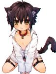  1boy animal_ears bell cat_ears cat_tail closed_mouth eyebrows_visible_through_hair jingle_bell looking_at_viewer male_focus neck_bell original paw_pose shirt solo tail toron_0812 unbuttoned unbuttoned_shirt white_background white_shirt yellow_eyes 