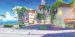  banner blue_sky building bush chair chinese_commentary chinese_text cityscape cloud commentary_request day food fruit grass highres lamppost moonslanstudio no_humans ocean original palm_tree path plant scenery science_fiction shade sky sunlight town tree umbrella vines window 