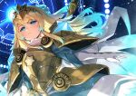  1girl armor armored_dress blonde_hair blue_dress blue_eyes blue_flower blue_hair blush breastplate closed_mouth commentary_request dress duplicate earrings elbow_gloves eyebrows_visible_through_hair fire_emblem fire_emblem_heroes fjorm_(fire_emblem) floating_hair flower fur_collar fur_trim gloves gradient_hair hair_flower hair_ornament highres holding holding_weapon jewelry long_hair looking_away multicolored_hair nakabayashi_zun pixel-perfect_duplicate shoulder_armor sidelocks signature solo tiara two-tone_hair weapon white_gloves wide_sleeves 