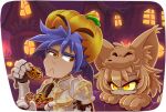  1boy 1girl :&lt; :3 animal_hands armor bangs black_wings blonde_hair blue_hair bowl breastplate building cape closed_mouth cobblestone colored_sclera commentary cookie cross daniel_renard demon_wings door english_commentary fence food fox_girl fox_hat fox_tail gauntlets halloween head_wings holding holding_bowl holding_food house in-universe_location jack-o&#039;-lantern lamppost looking_at_another looking_to_the_side lord_knight_(ragnarok_online) moonlight_flower orange_eyes outdoors pauldrons pumpkin pumpkin_hat purple_sky ragnarok_online red_cape red_eyes short_hair shoulder_armor spiked_gauntlets tail upper_body wall wings yellow_sclera 
