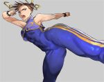  1girl action bracelet breasts brown_eyes brown_hair chun-li commentary double_bun english_commentary hair_ribbon hanny_(uirusu_chan) highres jewelry official_alternate_costume open_mouth ribbon short_hair simple_background sleeveless solo street_fighter studded_bracelet unitard vest yellow_ribbon 