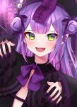  1girl :d absurdres bangs beret black_dress black_headwear blush bow braid commentary double_bun dress ear_piercing eyebrows_visible_through_hair fangs frilled_sleeves frills green_eyes hair_bow halloween hat highres hololive long_sleeves looking_at_viewer namagome_negi ofuda piercing pointy_ears purple_bow sleeves_past_wrists smile solo tokoyami_towa upper_body virtual_youtuber wide_sleeves 