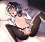  1girl absurdres anchor bangs black_hair black_legwear blush breasts cameltoe closed_eyes commentary_request crotch_seam cum cum_in_navel cum_on_body cum_on_breasts cum_on_hair dress eyebrows_visible_through_hair fang gradient_hair hat headgear highres kantai_collection long_sleeves looking_at_viewer lying mini_hat multicolored_hair navel nipples on_back on_bed open_clothes open_mouth open_shirt panties panties_under_pantyhose pantyhose pillow sailor_collar sailor_dress school_uniform serafuku short_hair short_hair_with_long_locks small_breasts solo spread_legs tokitsukaze_(kancolle) torn_clothes torn_legwear underwear white_panties yufukiri 