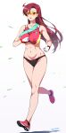  1girl ahoge armpit_crease artist_name bare_shoulders breasts collarbone commentary_request covered_nipples full_body gloves groin hair_between_eyes hair_strand highres impossible_clothes joy_ride large_breasts long_hair midriff navel open_mouth precure purple_eyes red_footwear red_hair red_sports_bra running shadow shoes simple_background sneakers solo sports_bikini sports_bra takizawa_asuka teeth tropical-rouge!_precure upper_teeth visor white_background white_gloves 