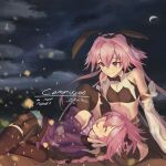  2boys animal_ears artist_request astolfo_(fate) astolfo_(saber)_(fate) bare_shoulders bow bowtie commentary commission detached_sleeves dual_persona english_commentary eyebrows_visible_through_hair fake_animal_ears fang fate/apocrypha fate/grand_order fate_(series) hair_between_eyes hair_bow happy highres looking_at_another looking_at_viewer male_focus memories_at_trifas midriff multicolored_hair multiple_boys navel night open_mouth otoko_no_ko pink_hair rabbit_ears sitting skin_fang smile soles streaked_hair thighhighs tongue two-tone_hair white_hair 