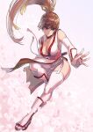  1girl breasts brown_eyes brown_hair cherry_blossoms cleavage closed_mouth collarbone dead_or_alive detached_sleeves eyebrows_visible_through_hair floating_hair full_body highres japanese_clothes kasumi_(doa) large_breasts long_hair panties pelvic_curtain ponytail revision solo thighhighs underwear white_background white_legwear yagi2013 