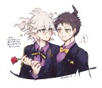  2boys alternate_costume bangs black_bow black_bowtie black_jacket black_vest bow bowtie brown_eyes brown_hair clenched_teeth danganronpa_(series) danganronpa_2:_goodbye_despair eyebrows_visible_through_hair flower highres hinata_hajime holding holding_another&#039;s_wrist holding_flower jacket komaeda_nagito looking_at_another male_focus multicolored_bowtie multiple_boys pink_shirt rose shirt short_hair simple_background smile sparkle sweat teeth tetose translation_request two-tone_bowtie upper_body vest white_background yellow_bow yellow_bowtie 