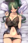  1girl babydoll bed bed_sheet black_bra black_panties blush bra breasts cleavage dialogue_box green_eyes green_hair highres large_breasts lingerie looking_at_viewer lying navel on_back open_mouth panties pubic_hair see-through solo teireida_mai textless thighs touhou underwear yukito_(dreamrider) 