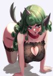  1girl all_fours animal_ears bangs blush breasts cleavage cleavage_cutout clothing_cutout collar curly_hair eyebrows_visible_through_hair fang green_eyes green_hair hanging_breasts heart heart-shaped_pupils heart_cutout highres horns komainu komano_aunn lace large_breasts long_hair nightgown nipples parted_lips see-through short_eyebrows simple_background single_horn skin_fang solo symbol-shaped_pupils tail textless thick_eyebrows thighhighs touhou white_background yukito_(dreamrider) 