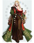  1girl blonde_hair breasts brown_skirt cleavage coat earrings flask full_body glasses glint green_coat green_eyes hair_ornament hand_up highres jewelry long_hair long_skirt long_sleeves looking_at_viewer medium_breasts necklace off_shoulder original parted_lips print_coat red_shirt rinotuna shirt skirt smile solo standing star_(symbol) star_earrings star_hair_ornament tree_of_life 