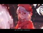  1girl :d ashes_of_ariandel bangs beret chinese_commentary chinese_text dark_souls_(series) dark_souls_iii hair_between_eyes hat long_hair maou_skun painting_woman red_eyes red_headwear smile solo_focus straight_hair translation_request white_hair 