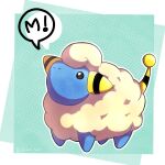  black_eyes border commentary_request full_body green_background highres looking_up mareep no_humans outline pokemon pokemon_(creature) pokke_tuki solo speech_bubble standing twitter_username white_border 