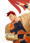 1boy bara beard beige_jacket blue_eyes boku_no_hero_academia cover cover_page doujin_cover endeavor_(boku_no_hero_academia) facial_hair feathered_wings hawks_(boku_no_hero_academia) jacket large_pectorals looking_to_the_side male_focus mature_male muscular muscular_male nononox2 open_clothes open_jacket pectorals red_hair scar scar_across_eye short_hair sideburns solo spiked_hair stubble wings 