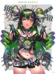  1girl black_hair colored_inner_hair commentary_request crop_top fingerless_gloves fingernails gia gloves green_hair green_theme hair_ornament hairclip half-closed_eyes highres long_fingernails long_hair looking_at_viewer mecha_musume multicolored_hair navel open_mouth original shiny shiny_hair shiny_skin short_shorts shorts signature solo streaked_hair symbol_in_eye tattoo two-tone_background two-tone_hair 