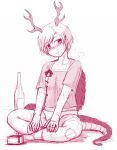  1girl akatuki_(yamina) alcohol antlers bangs blush commentary_request dragon_girl dragon_horns dragon_tail highres horns kicchou_yachie looking_at_viewer monochrome pants shirt short_hair short_sleeves simple_background sketch smile tail touhou turtle_shell white_background 
