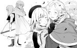  2girls ^_^ back-to-back braid capelet character_doll child closed_eyes dress dungeon_meshi elf falin_thorden greyscale happy hat heads_together hidakarumen holding holding_stick hug jacket long_hair long_sleeves marcille monochrome multiple_braids multiple_girls multiple_views pointy_ears sad scared short_hair side_braid simple_background standing stick tears white_background younger 