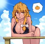  1girl azusa_(cookie) bad_id bad_twitter_id bangs bikini black_bikini blonde_hair blue_sky bow braid breasts cleavage cloud commentary cookie_(touhou) cowboy_shot day eyebrows_visible_through_hair food fruit hair_bow kirisame_marisa large_breasts leaning_forward long_hair looking_to_the_side mandarin_orange ohasi open_mouth outdoors side_braid single_braid sky solo spoken_object sunlight swimsuit touhou white_bow yellow_eyes 