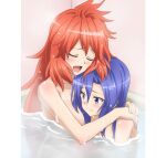  2girls amou_kanade artist_request bath blue_eyes blue_hair blush breasts cleavage closed_eyes closed_mouth collarbone eyebrows_visible_through_hair hug kazanari_tsubasa large_breasts long_hair multiple_girls nude official_art open_mouth red_hair senki_zesshou_symphogear senki_zesshou_symphogear_xd_unlimited shiny shiny_hair smile yuri 