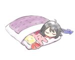  1girl asymmetrical_wings black_hair blue_wings bow bowtie chibi commentary_request futon houjuu_nue lying nibi on_bed on_stomach red_bow red_bowtie red_wings short_hair simple_background sleeping solo stuffed_animal stuffed_bunny stuffed_toy touhou white_background wings 