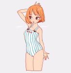  1girl arm_up bangs black_eyes blush cowboy_shot cropped_legs english_text highres one-piece_swimsuit open_mouth orange_hair original rinotuna short_hair simple_background solo striped striped_swimsuit swimsuit white_background 