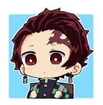  1boy backpack bag black_jacket blue_background blush brown_eyes brown_hair checkered chibi closed_mouth commentary_request cropped_torso earrings highres hitomiz jacket jewelry kamado_tanjirou kimetsu_no_yaiba male_focus open_clothes outline scar scar_on_face scar_on_forehead solo two-tone_background upper_body white_background white_outline 