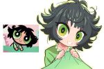  1girl antenna_hair big_eyes black_hair blanket buttercup_(ppg) buttercup_redraw_challenge closed_mouth derivative_work eyebrows_visible_through_hair eyelashes eyes_visible_through_hair gashi-gashi glowing green_eyes green_theme highres holding holding_blanket long_eyelashes looking_at_viewer messy_hair open_mouth outer_glow outline powerpuff_girls reference_inset screencap_redraw short_hair simple_background smile white_background 
