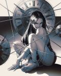  1girl absurdres bare_legs barefoot between_legs cable clock clock_hands crossed_arms feet fingernails full_body gantz greyscale hand_between_legs highres leotard long_hair looking_at_viewer mitch_mohrhauser monochrome nose realistic shimohira_reika sidelighting sitting soles solo toes 