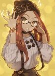  1girl brown_eyes brown_hair glasses hat kanyoko_(yuzukano_17) klasse14 long_hair looking_at_viewer original simple_background smile solo suspenders watch 