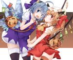  2girls animal_ears ascot bag bangs black_legwear blonde_hair blue_bow blue_eyes blue_hair blush border bow bowtie breasts brown_background brown_legwear candy cat_ears chocolate cirno collar collared_dress commentary crystal dress english_text eyebrows_visible_through_hair eyes_visible_through_hair fang flandre_scarlet food gradient gradient_background hair_between_eyes hair_bow halloween hand_up hat holding_hands horns ice ice_wings jewelry jyaoh0731 lollipop looking_at_viewer looking_to_the_side medium_breasts mob_cap multicolored_wings multiple_girls one_side_up open_mouth orange_legwear pointy_ears puffy_short_sleeves puffy_sleeves pumpkin purple_bow purple_dress red_bow red_bowtie red_dress red_eyes shirt short_hair short_sleeves standing teeth thighhighs tongue touhou white_border white_headwear white_legwear white_shirt wings yellow_ascot yuri 