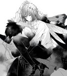  1boy arthropod_boy bangs cape collared_shirt crown empty_eyes fate/grand_order fate_(series) full_body fur-trimmed_cape fur_trim greyscale high_heels highres insect_wings looking_at_viewer male_focus monochrome oberon_(fate) shirt short_hair sitting solo syerii wings 