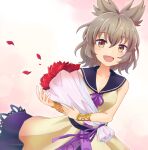  1girl :d bangs bare_shoulders beige_shirt blush bouquet bracelet breasts brown_eyes brown_hair collarbone commentary_request earmuffs eyebrows_visible_through_hair flower hair_between_eyes highres holding holding_bouquet jewelry kuritsuki looking_at_viewer petals pink_background pointy_hair red_flower short_hair simple_background small_breasts smile solo touhou toyosatomimi_no_miko upper_body 