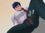  1boy alternate_pectoral_size ass bara blue_hair blush boku_no_hero_academia bulge dido_(dido_200207) feet_out_of_frame glasses highres iida_tenya large_pectorals looking_at_viewer loose_necktie male_focus muscular muscular_male necktie pectorals red_necktie school_uniform short_hair sideburns sleeves_rolled_up solo spread_legs thick_thighs thighs u.a._school_uniform 