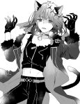  1boy alternate_costume animal_ears bangs cat_boy cat_ears cat_tail claw_pose crown empty_eyes fate/grand_order fate_(series) feet_out_of_frame greyscale halloween_costume highres kemonomimi_mode looking_at_viewer male_focus midriff monochrome oberon_(fate) short_hair skinny solo syerii tail 