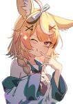  1girl absurdres animal_ear_fluff animal_ears blonde_hair blue_bow blue_sailor_collar bow braid club_(shape) commentary diamond_(shape) eyebrows_visible_through_hair facepaint finger_to_mouth fox_ears hair_bow hair_ornament hairclip hand_up heart highres hololive jl_tan licking_lips long_hair looking_at_viewer necktie off_shoulder omaru_polka one_eye_closed purple_eyes purple_necktie sailor_collar simple_background single_braid solo spade_(shape) sparkle tongue tongue_out upper_body virtual_youtuber white_background 