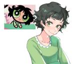  1girl animification black_hair blush breasts buttercup_(ppg) buttercup_redraw_challenge collarbone derivative_work green_eyes green_shirt hair_behind_ear hanny_(uirusu_chan) highres leaning_forward looking_at_viewer medium_breasts powerpuff_girls reference_inset screencap_redraw shirt short_hair smile solo_focus waking_up white_background 