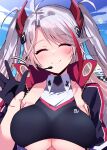  1girl absurdres azur_lane blush breasts closed_eyes commentary_request gloves highres himiya_jouzu jacket large_breasts long_hair microphone official_alternate_costume prinz_eugen_(azur_lane) prinz_eugen_(final_lap)_(azur_lane) race_queen skindentation smile solo underboob 