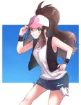  1girl absurdres baseball_cap black_vest bright_pupils brown_hair closed_mouth commentary_request denim denim_shorts eyelashes green_eyes hand_on_headwear hand_on_hip hat high_ponytail highres hilda_(pokemon) knees long_hair looking_at_viewer pokemon pokemon_(game) pokemon_bw pokke_tuki shirt short_shorts shorts sidelocks sleeveless sleeveless_shirt smile solo split_mouth vest white_shirt wristband 