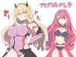  2girls absurdres ass_visible_through_thighs bangs bare_shoulders bikini black_bikini black_panties blonde_hair blue_eyes blush breasts cape chloe_von_einzbern chloe_von_einzbern_(cosplay) cleavage cosplay detached_sleeves eyebrows_visible_through_hair fairy_knight_gawain_(fate) fairy_knight_tristan_(fate) fate/grand_order fate/kaleid_liner_prisma_illya fate_(series) feather_hair_ornament feathers grey_eyes hair_ornament heterochromia highres horns kawa_mura large_breasts leotard long_hair long_sleeves looking_at_viewer miyu_edelfelt miyu_edelfelt_(cosplay) multiple_girls panties pink_hair purple_leotard purple_sleeves red_cape red_eyes shrug_(clothing) sidelocks swimsuit thighs translation_request twintails underwear waist_cape 