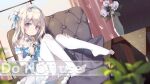  1girl armchair bangs blue_bow blue_eyes blue_hairband blue_shirt blue_sleeves blurry blurry_foreground bow chair closed_mouth commentary_request cosplay depth_of_field detached_sleeves english_text eyebrows_visible_through_hair flower fur-trimmed_shirt fur-trimmed_skirt fur-trimmed_sleeves fur_trim girls&#039;_frontline hair_bow hair_ornament hairband highres indoors layered_sleeves light_brown_hair long_sleeves looking_at_viewer mo_(pixiv9929995) no_shoes on_chair one_side_up original pantyhose puffy_short_sleeves puffy_sleeves see-through see-through_sleeves shirt short_over_long_sleeves short_sleeves skirt snowflake_hair_ornament solo suomi_(girls&#039;_frontline) suomi_(girls&#039;_frontline)_(cosplay) watermark white_flower white_legwear white_skirt window 