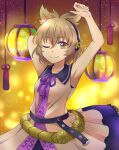 1girl armpits arms_up backlighting bangs bare_shoulders beige_shirt belt blurry blurry_background bokeh brown_eyes brown_hair closed_mouth collarbone commentary_request depth_of_field earmuffs eyebrows_visible_through_hair hair_between_eyes highres kuritsuki lantern light_particles looking_at_viewer one_eye_closed pointy_hair purple_ribbon ribbon sailor_collar short_hair smile solo touhou toyosatomimi_no_miko upper_body 