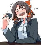  1girl alcohol bangs black_jacket blazer bow breasts brown_hair choko_(cup) closed_eyes collared_shirt commentary_request cookie_(touhou) cowboy_shot cup frilled_bow frills hair_bow hair_tubes hakurei_reimu highres jacket laughing long_sleeves medium_breasts office_lady ohasi open_mouth red_bow sake sananana_(cookie) shirt short_hair simple_background solo third-party_source touhou translated white_background white_shirt 