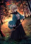  1girl alternate_hairstyle bangs black_hakama black_scarf blonde_hair closed_mouth cloud commentary_request eyebrows_visible_through_hair fate/grand_order fate_(series) forest grass green_eyes hair_between_eyes hakama hakama_skirt haori highres holding holding_sword holding_weapon japanese_clothes katana kaze_minoru_so-ru kimono koha-ace looking_at_viewer nature okita_souji_(fate) okita_souji_(koha/ace) open_clothes outdoors ponytail scarf sheath sheathed shinsengumi short_hair short_ponytail sidelocks skirt sky solo sunlight sword tree weapon white_kimono wide_sleeves 