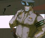  1boy alternate_pectoral_size bara blue_fire brown_theme fiery_hair fire hat katana large_pectorals male_focus muscular muscular_male official_alternate_costume pectoral_cleavage pectorals pmlial police police_hat police_uniform policeman short_hair sideburns solo sword toji_(housamo) tokyo_afterschool_summoners uniform upper_body weapon whistle 
