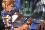  1boy arm_behind_head armor blue_hoodie brown_eyes brown_hair brown_pants commentary fighter_(granblue_fantasy) gran_(granblue_fantasy) granblue_fantasy grin hood hood_down hoodie looking_at_viewer lying male_focus nature on_ground on_side pants short_hair smile sword weapon yaowu 