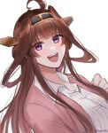  1girl ahoge ayuko91 brown_hair double_bun hairband headgear highres kantai_collection kongou_(kancolle) long_hair looking_at_viewer official_alternate_costume open_mouth pink_coat purple_eyes simple_background smile solo teeth upper_body upper_teeth white_background 